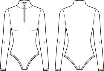 CAD drawing flat vector illustration, women bodysuit technical fashion sketch, long sleeve zipper mock neck apparel template