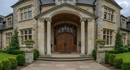 Elegant stone residence showcases its grand entrance with manicured landscaping details.