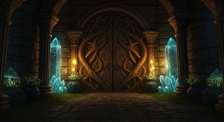 Obraz premium A fantasy arched door and crystal lit corridor evokes mystery and magical realism