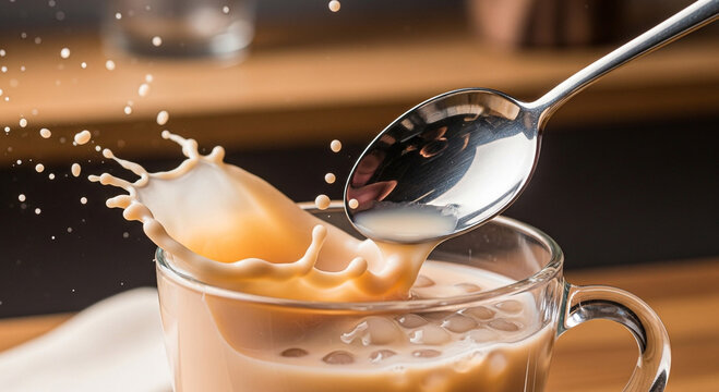 A spoon stirs a creamy beverage, causing a splash of liquid to erupt from a clear glass mug.