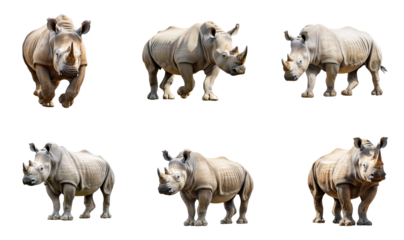 Collection of Rhino running A rhino charges forward, body leaning into the motion with legs extended. full length isolate on transparent background