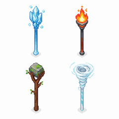 Pixelated fantasy weapons ready for adventure with ice, fire, and nature magic