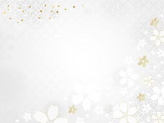 グレーの桜の花びらの背景、和柄のフレーム
