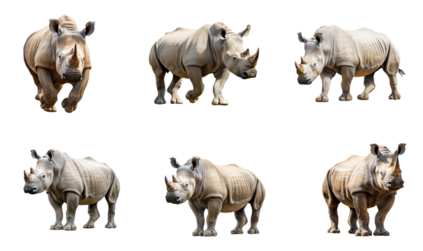 Collection of Rhino running A rhino charges forward, body leaning into the motion with legs extended. full length isolate on transparent background