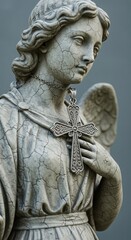 Fototapeta premium Cracked stone angel statue wears ornate cross pendant close up.