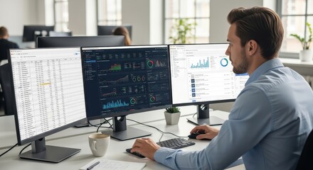Businessman analyzing financial data on multiple computer screens in modern office