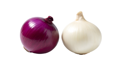 A red onion and a white onion, both whole and unpeeled, side by side on a white background, cutout