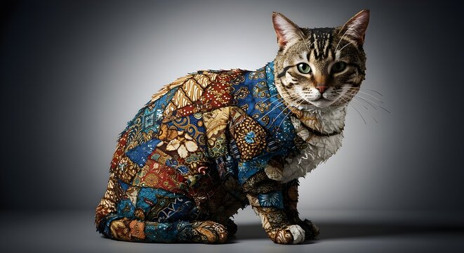 3D render of a gray cat sitting in soft light with shallow depth of field.
