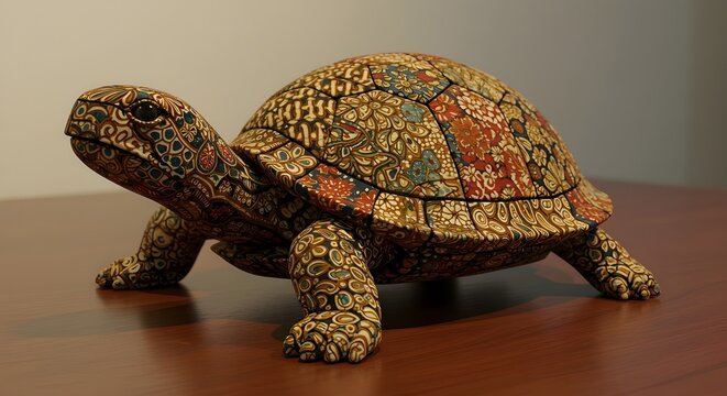 3D render of a turtle sculpture with detailed shell patterns and warm lighting.
