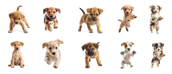 Collection of Puppy playing A puppy crouches with its tail wagging and paws ready to pounce. full length isolate on transparent background