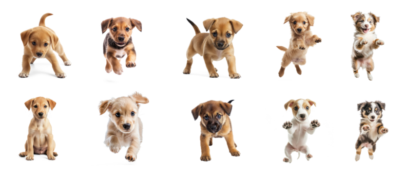 Collection of Puppy playing A puppy crouches with its tail wagging and paws ready to pounce. full length isolate on transparent background