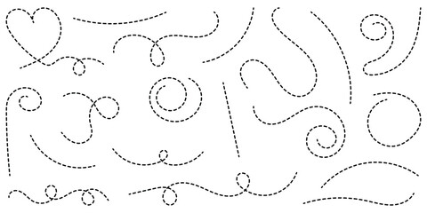 Hand drawn dotted lines path on white background. Curved dotted line, Path travel dotted line trip dashed trace destination. Vector illustration. Vector eps 10.