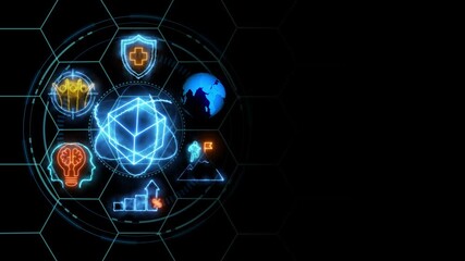 cube glow with atom and holographic futuristic technology and brain line matrix global security with digital spot light and stretch background. - Powered by Adobe