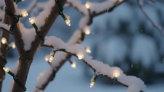 Soft focus shot of tree branches dusted with snow, intertwined with glowing warm white string lights, during a cold twilight evening.