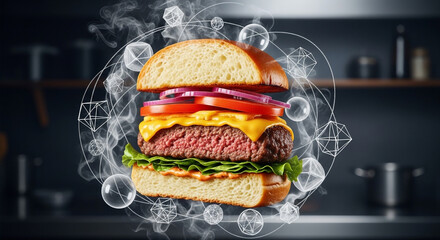 A gourmet cheeseburger with fresh ingredients surrounded by abstract scientific geometric shapes and bubbles in a kitchen setting.