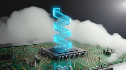 Luminous blue DNA helix structure rising from a computer microchip on a green circuit board with ethereal smoke - Powered by Adobe