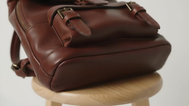 Detailed close-up view spotlights the texture and craftsmanship of a classic brown leather backpack, featuring metallic brass buckles and hardware, positioned on a simple wooden stool.