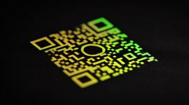 A green and yellow QR code on a black background.