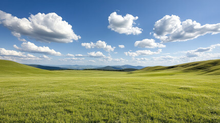 Fototapeta premium Lush green hillside under bright blue sky with fluffy clouds creates serene landscape