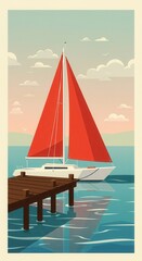 Obraz premium A sailboat with red sails docks at a wooden pier in calm waters.