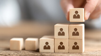 A hand arranging wooden blocks with human figures on them.
