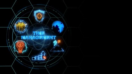 banner of TIME MANAGEMENT concept with icons of priority, efficiency, cube glow with and holographic futuristic technology matrix global security with digital spot light and stretch background . - Powered by Adobe