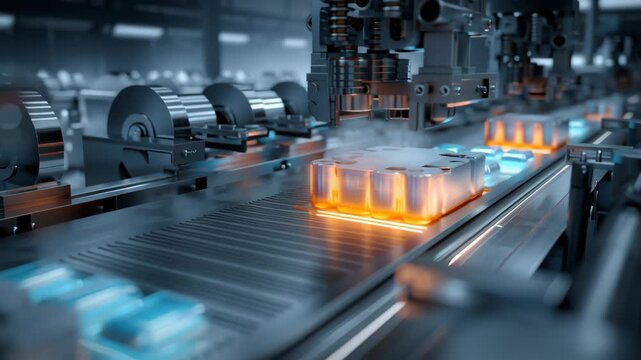 A machine is making a product with a blue light. on a conveyor belt. Glowing rare earth elements being inserted into an electric vehicle battery, high-tech production line, rare earth in batteries