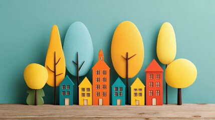 A colorful, whimsical village with houses and trees in vibrant colors against a teal background.