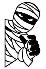 mummy wrapped in bandages peeking from corner with dark eyes. halloween creature emerging from shadows
