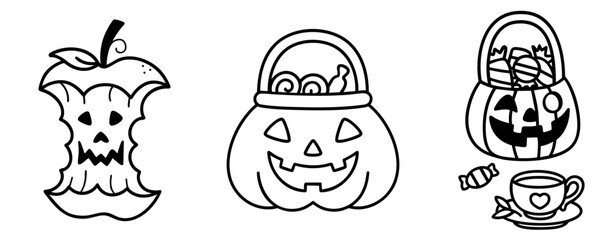 Halloween Candy Bucket Set — Jack O’Lantern Basket, Apple Core with Face, Mummy Pumpkin Bag and Cup of Tea with Sweets