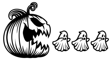 Giant evil pumpkin with sharp teeth chasing three little ghosts