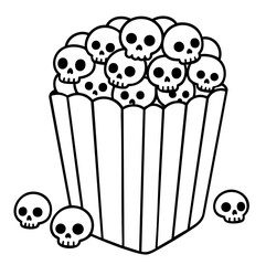 Box of skull popcorn overflowing, horror cinema snack, fun and fear