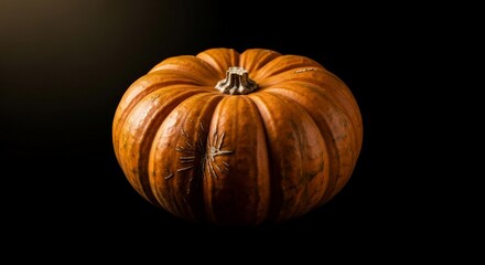 Pumpkin on dark background showcasing rich texture and unique shape. Pumpkin is a popular symbol for autumn and harvest celebrations. Concept of pumpkin reflects seasonal decor and festive spirit.