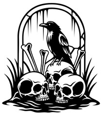 raven perched on skulls and bones near old tombstone. death and decay