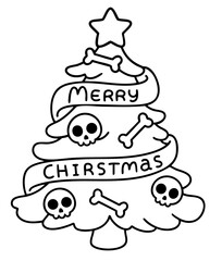 Creepy christmas tree decorated with skulls and bones, with spooky lettering Merry Christmas