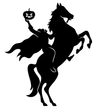 Headless horseman holding a pumpkin lantern on rearing horse, halloween legend inspired