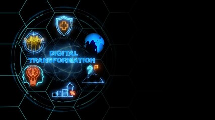 digital transformation neon text .internet and networking concept, cube glow with and holographic futuristic technology matrix global security with digital spot light and stretch background 4k video. - Powered by Adobe