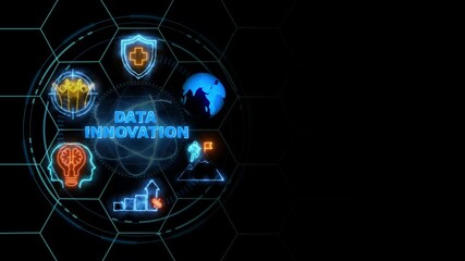 data innovation neon text .internet and networking concept, cube glow with and holographic futuristic technology matrix global security with digital spot light and stretch background 4k video. - Powered by Adobe