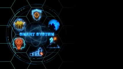 smart system neon text .internet and networking concept, cube glow with and holographic futuristic technology matrix global security with digital spot light and stretch background 4k video. - Powered by Adobe