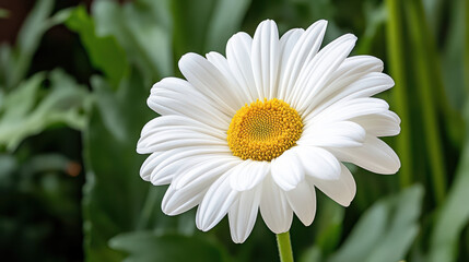 Fototapeta premium Bright white daisy with yellow center surrounded by lush green leaves, showcasing natural beauty