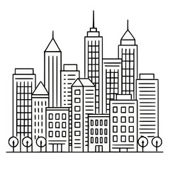 Obraz premium Line art skyline of modern city with skyscrapers and buildings, minimalist black outline illustration