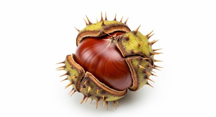 Chestnut in spiky shell on white background, showcasing rich brown fruit with thorny husk. Chestnut offers natural beauty and unique texture for organic layouts.