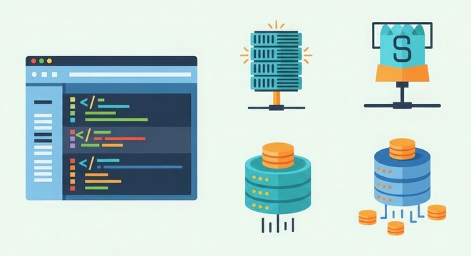 Digital coding and database icons representing software development and data storage concepts for technology platforms illustration