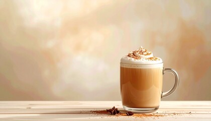 ナチュラルウッドと温かなチャイラテが調和する落ち着いたシーン