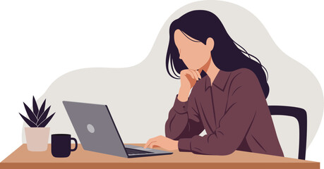 Contemplative woman working on a laptop at home with a potted plant and coffee mug in a modern