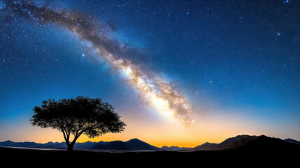 Fototapeta premium Majestic Milky Way arching over silhouette of tree against serene twilight sky