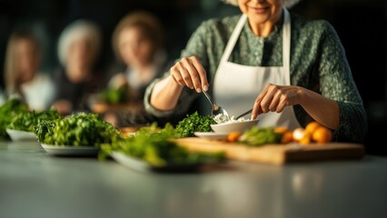 Smiling senior woman preparing healthy meal in kitchen, hands carefully scooping fresh ingredients amidst vibrant green vegetables and blurred background people