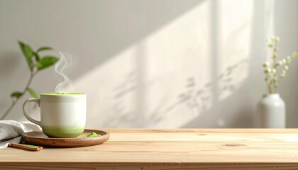 Obraz premium 木のテーブルに抹茶ラテのマグカップ 柔らかな湯気とミニマルな空気感