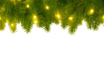 Lush Christmas Fir Tree Border with Warm Glowing String Lights, Holiday Background with Copy Space