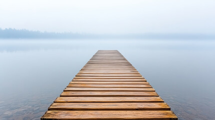 Fototapeta premium Serene wooden pier extends into calm, foggy water, creating meditative atmosphere